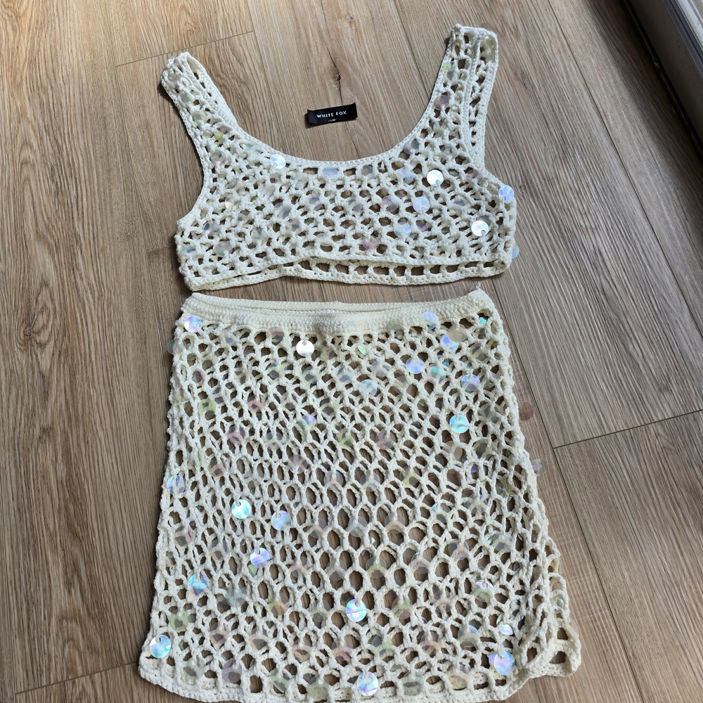 White Fox Boutique Cream Sequin Swim Coverup Set